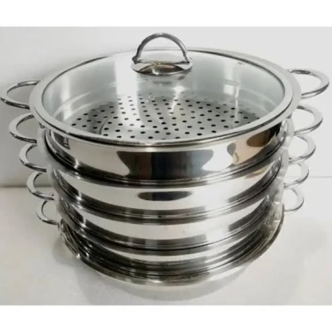 OMS 6090-C - 6 Parça Paslanmaz Çelik, Cam Kapak 28X10CM-5,80 Litre Buharlı Pişirici, Özbek Mantı Tencere