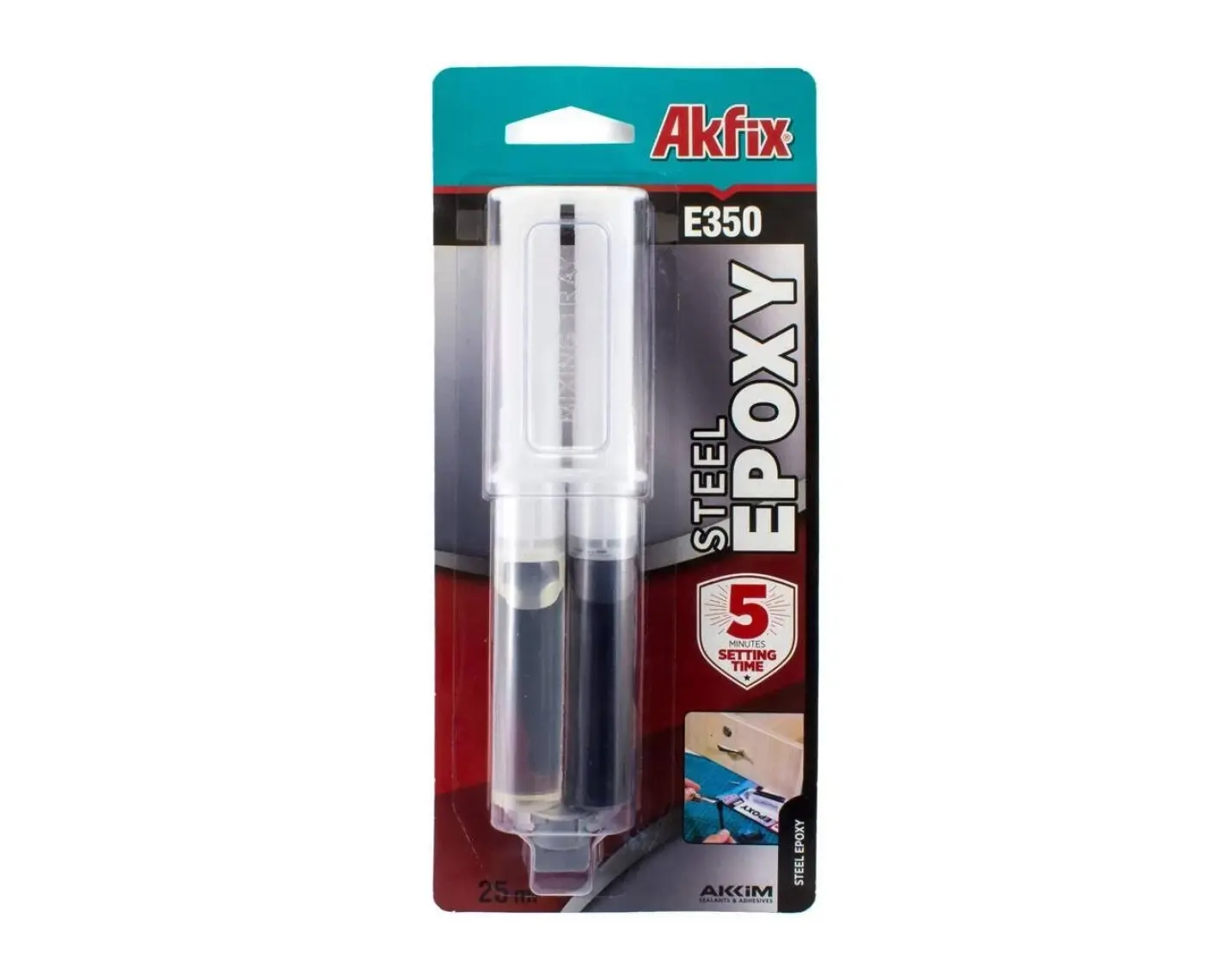 Akfix E350 Epoksi Çelik Yapıştırıcı Şırınga 25 ml Siyah