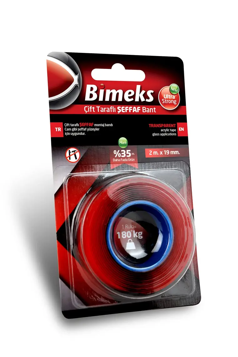 Bimeks Çift Taraflı Şeffaf Montaj Bandı 2 m X 19 mm 180 Kg