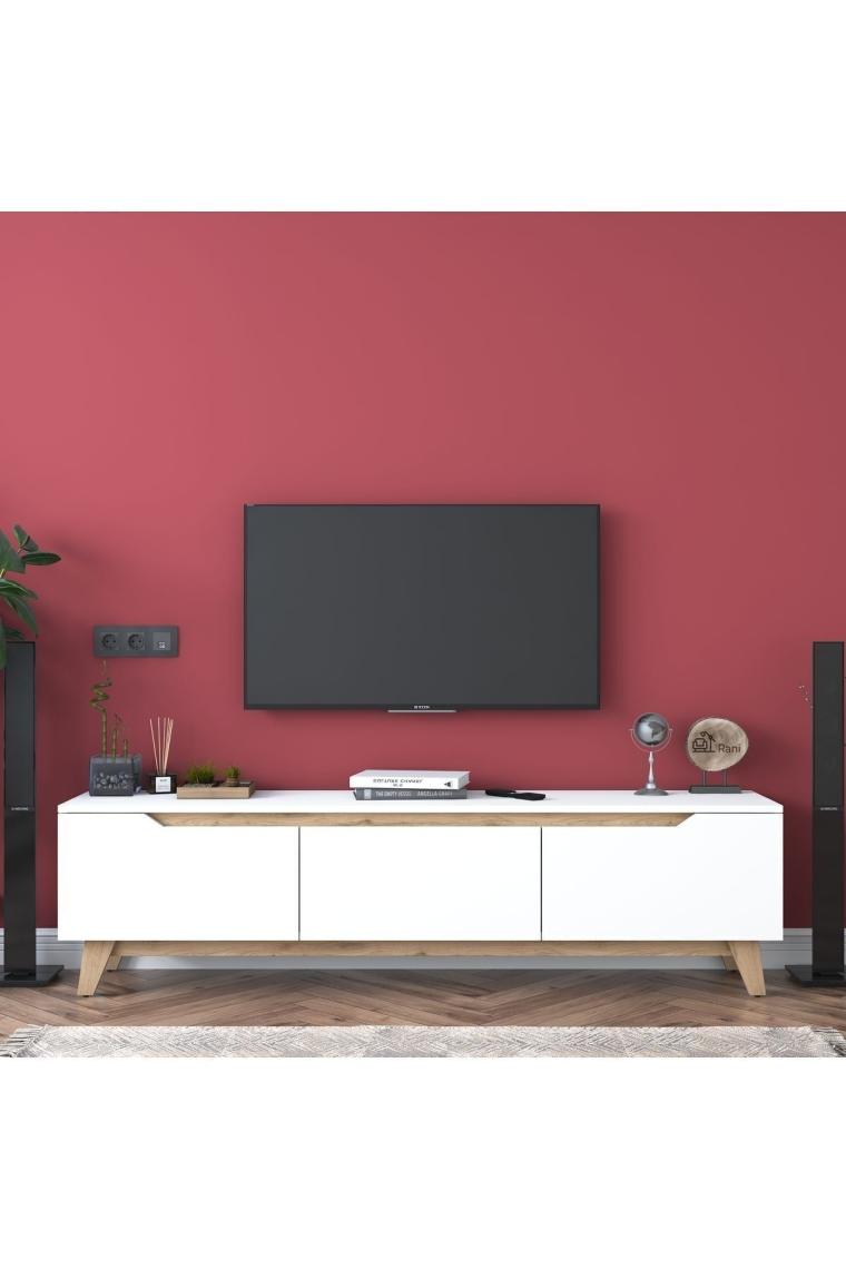 Rani D1 Tv Ünitesi Modern Ayaklı Tv Sehpası 180 Cm Beyaz - Sepet Ceviz