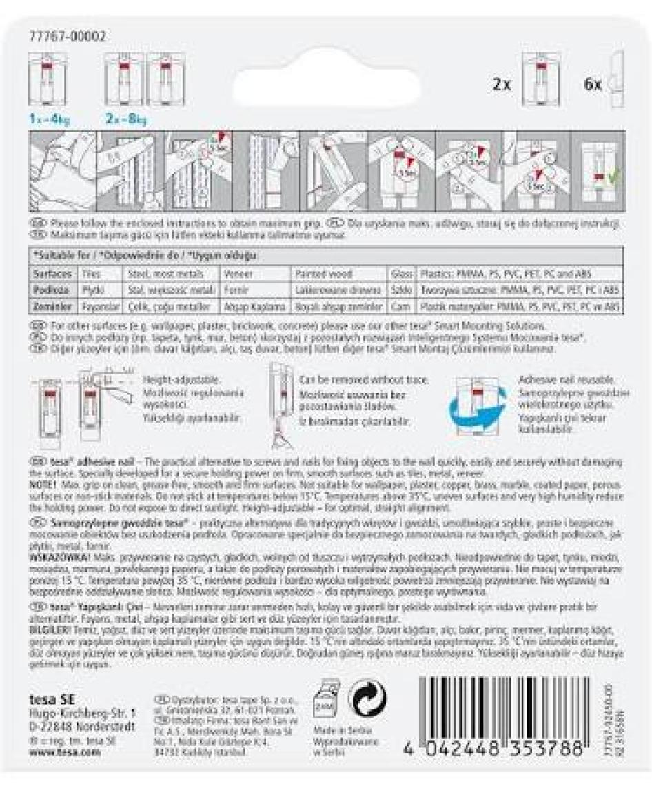 Tesa İz bırakmadan Sökülebilir Yapışkanlı Askı - Çivi, Fayans ve Metal Yüzeyler için 4 kg x 2 adet, 77767