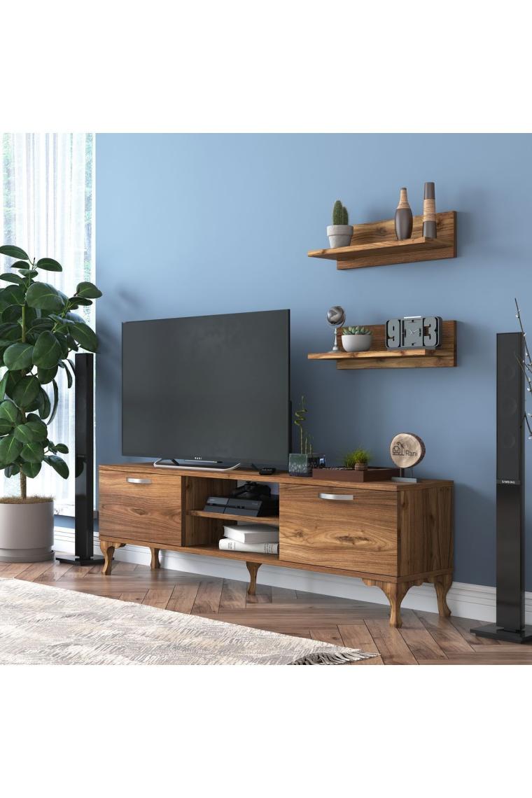 Rani A4 Duvar Raflı Tv Sehpası Kitaplıklı Tv Ünitesi Modern Ayaklı Tasarım 150 Cm Minyatür Ceviz