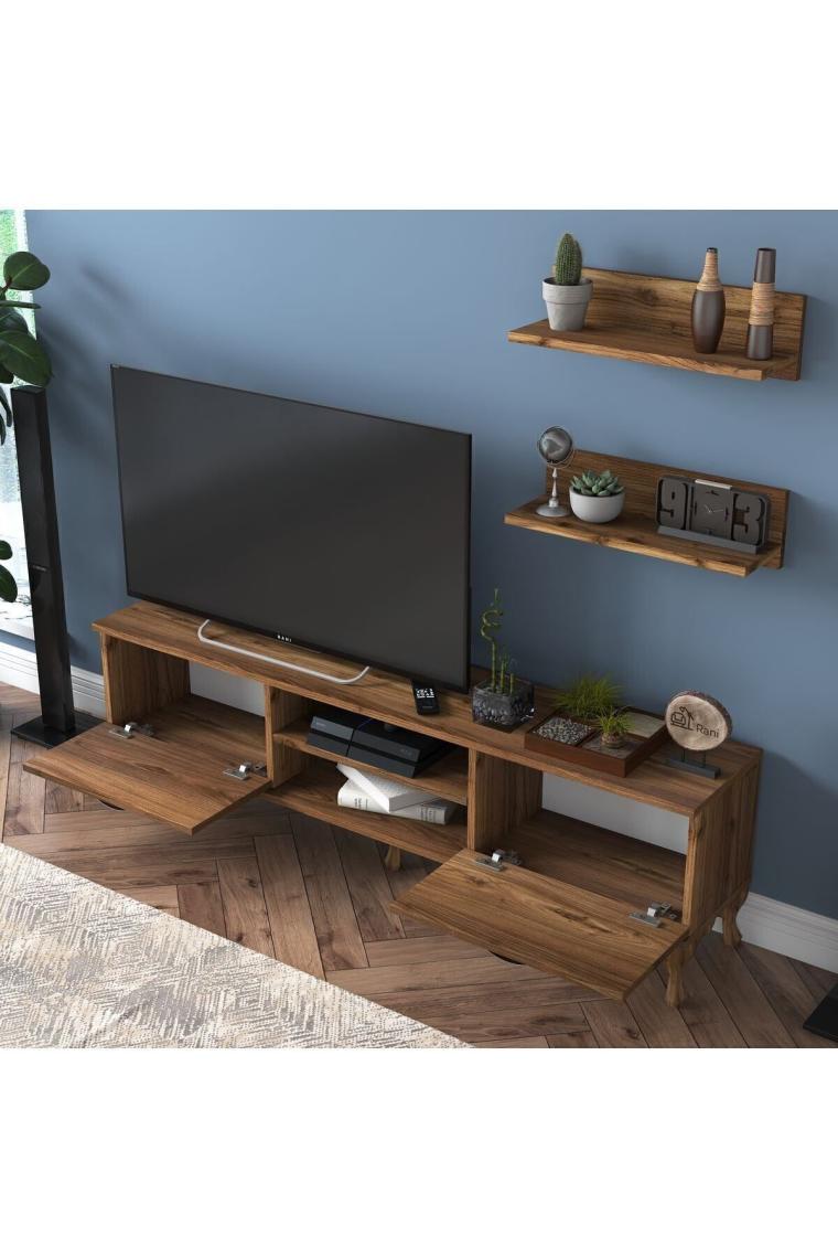 Rani A4 Duvar Raflı Tv Sehpası Kitaplıklı Tv Ünitesi Modern Ayaklı Tasarım 150 Cm Minyatür Ceviz
