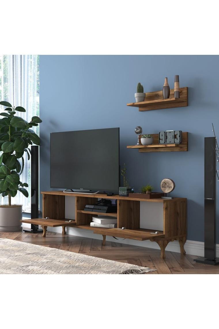 Rani A4 Duvar Raflı Tv Sehpası Kitaplıklı Tv Ünitesi Modern Ayaklı Tasarım 150 Cm Minyatür Ceviz