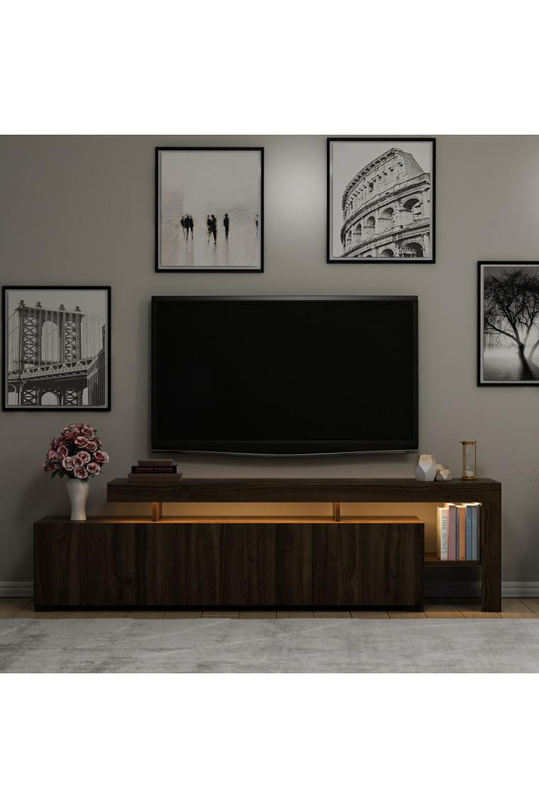 Beliz Led Işıklı Tv Ünitesi, Tv Sehpası, Raflı - Ceviz