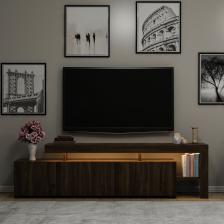 Beliz Led Işıklı Tv Ünitesi, Tv Sehpası, Raflı - Ceviz