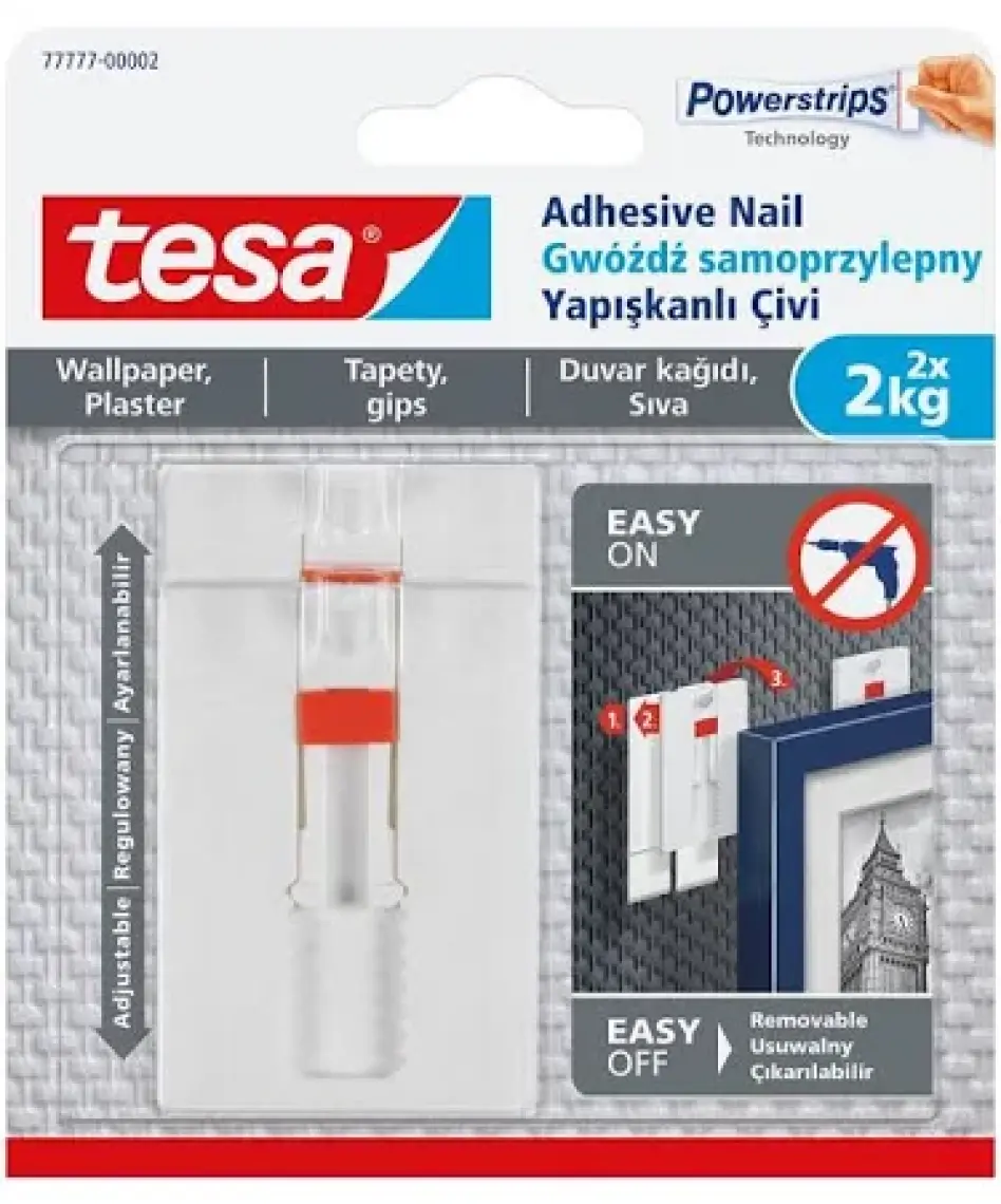 Tesa İz bırakmadan Sökülebilir Yapışkanlı Askı - Çivi, Duvar ve Duvar Kağıdı için, 2 kg x 2 adet, 77777