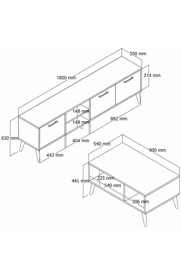 Set 1581-2070 Exxen 180 CM (AHŞAP AYAKLI) Tv Ünitesi Orta Sehpa Seti - Hat-antrasit Rengi