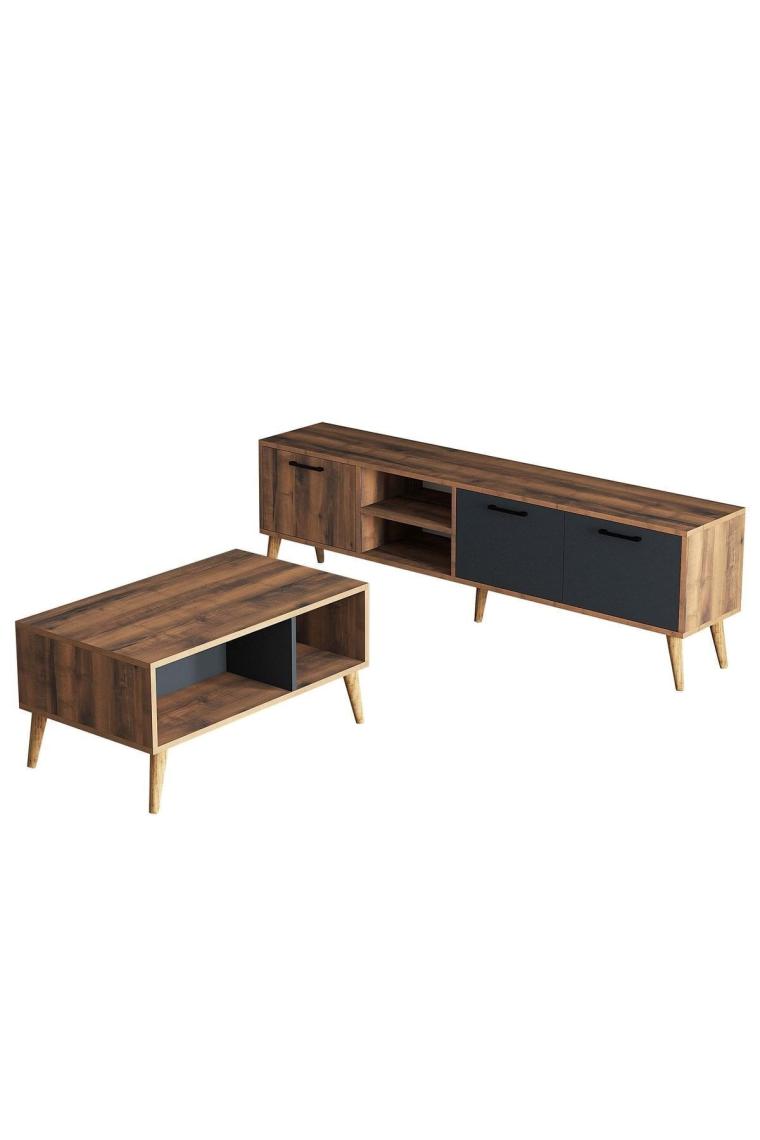 Set 1581-2070 Exxen 180 CM (AHŞAP AYAKLI) Tv Ünitesi Orta Sehpa Seti - Hat-antrasit Rengi