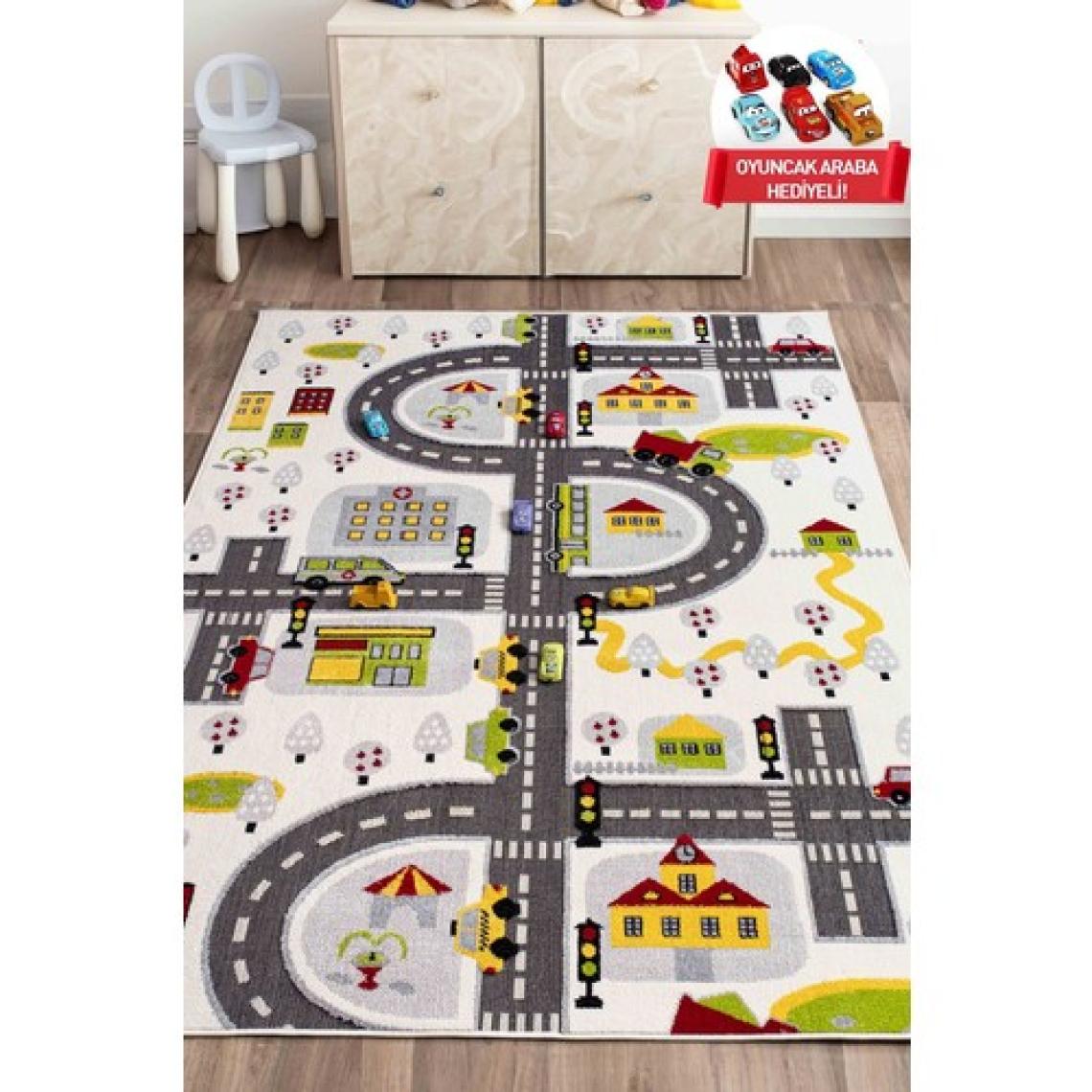 3 Boyutlu Beyaz Trafik Arabalı Dokuma Çocuk Oyun Halısı160x230