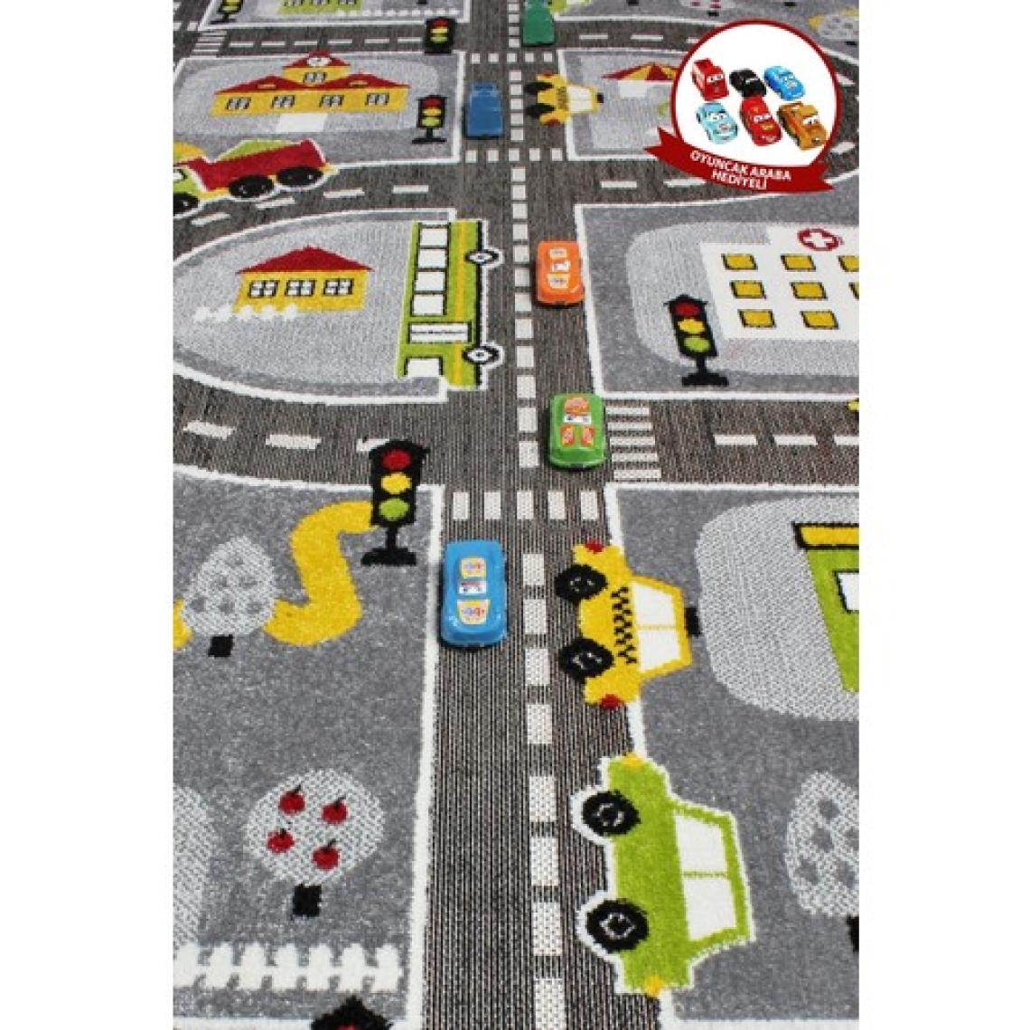 3 Boyutlu Gri Trafik Arabalı Ana Okulu Kreş Halısı Dokuma Çocuk Oyun Halısı140x200