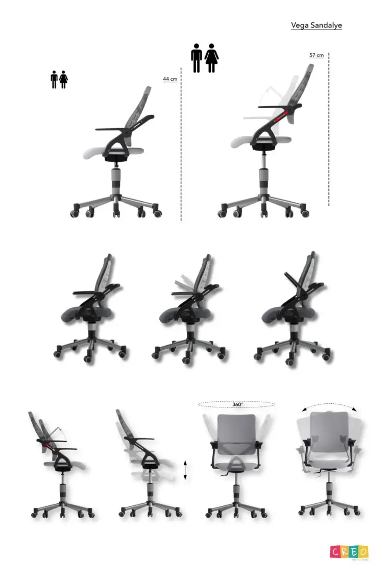 Creo Mobili Kollu Ofis Sandalyesi, Yükseklik ve Sırt Ayarlı Sandalye - Taşıma kap. 120kg, Beyaz/Fuşya - Vega