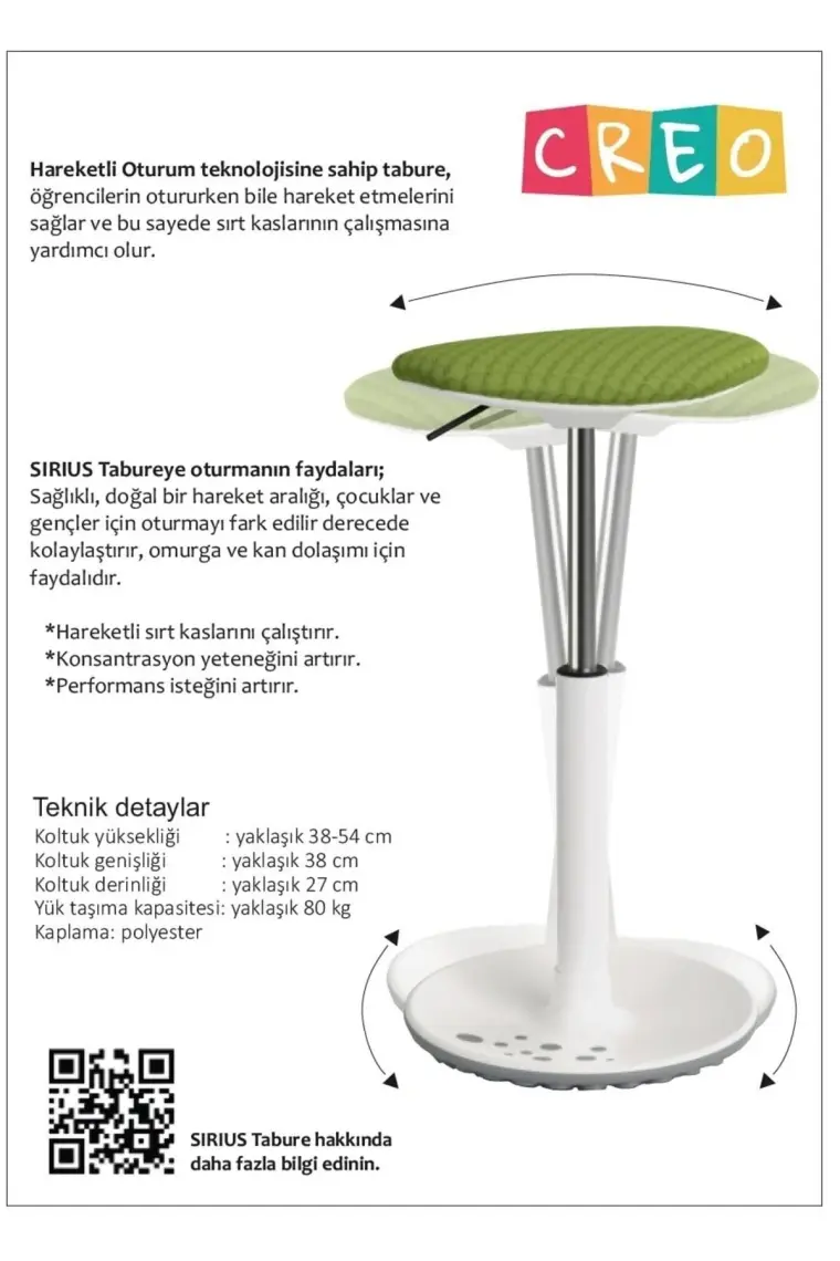 Creo Mobili Anaokulu Etkinlik Taburesi, Yükseklik Ayarlı - 39–55 cm Yükseklik, Taş. kap. 100kg, Mavi - Creo