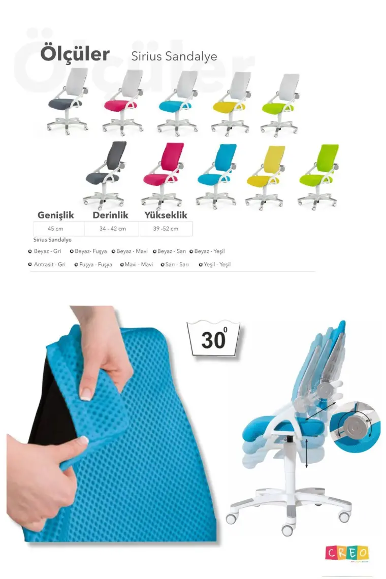 Creo Mobili Ergonomik Çalışma Sandalyesi, Sırt ve Yükseklik Ayarlı - Taşıma kap. 120kg, Beyaz/Sarı - Sirius