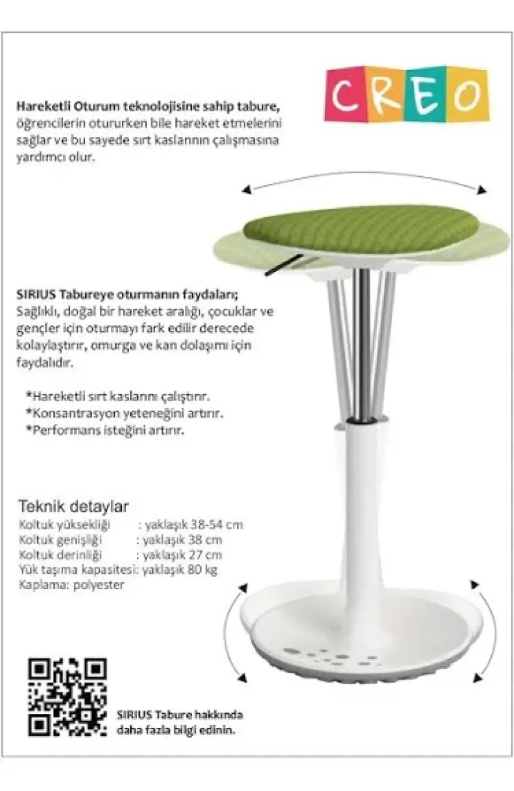 Creo Mobili Evde Etkinlikler İçin Çocuk Taburesi Yükseklik Ayarlı - 39–55 cm Yük, Taş. kap. 100kg, Yeşil - Creo