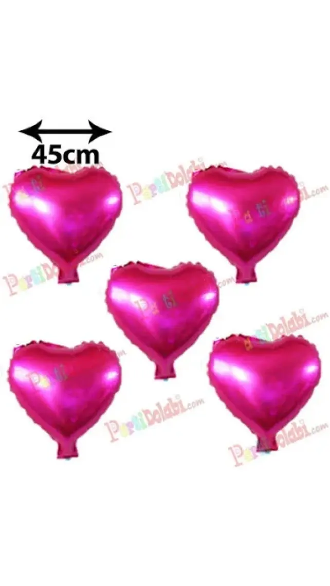 5 Adet Fuşya Koyu Pembe Kalp Folyo Balon 45 cm Helyumla Uçan