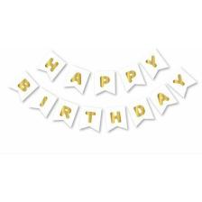 Patladı Gitti Beyaz Zemin Happy Birthday Gold Banner