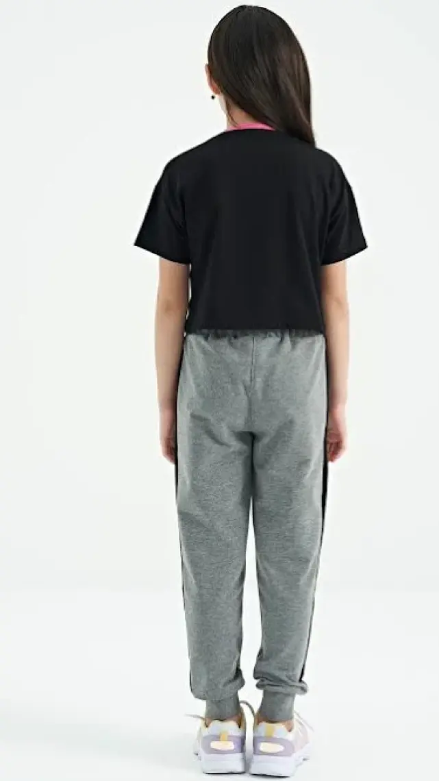 Tommy Life Tommy Life  Gri Melanj Yan Bantlı Gizli Fermuar Cep Detaylı Jogger Kız Çoccuk Eşofman Alt - 75122