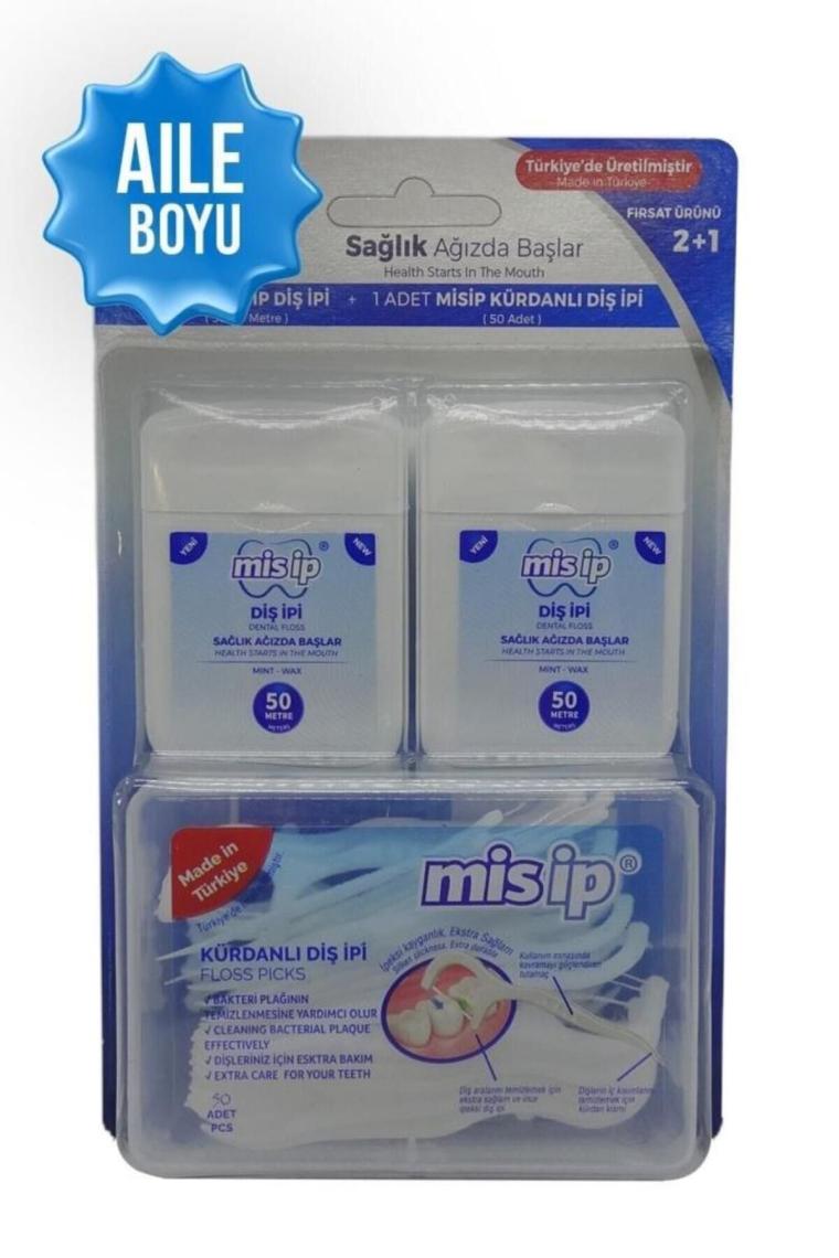 Misip Fırsat Aile Paketi 2x 50 Metre Diş Ipi 1 X 50 Adet Kürdanlı Diş Ipi A+++