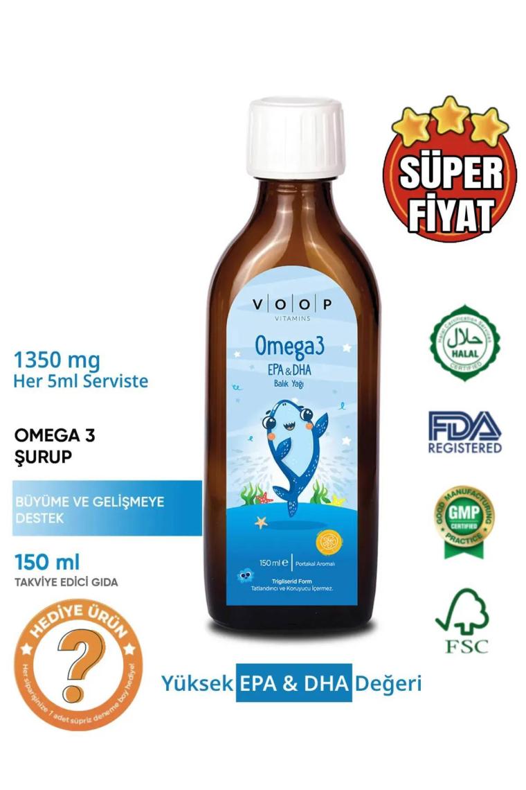 Voop Çocuklara Özel Omega 3 Balık Yağ Portakal Aromalı Şurup | Yüksek EPA & DHA Kaynağı  - 150 ml