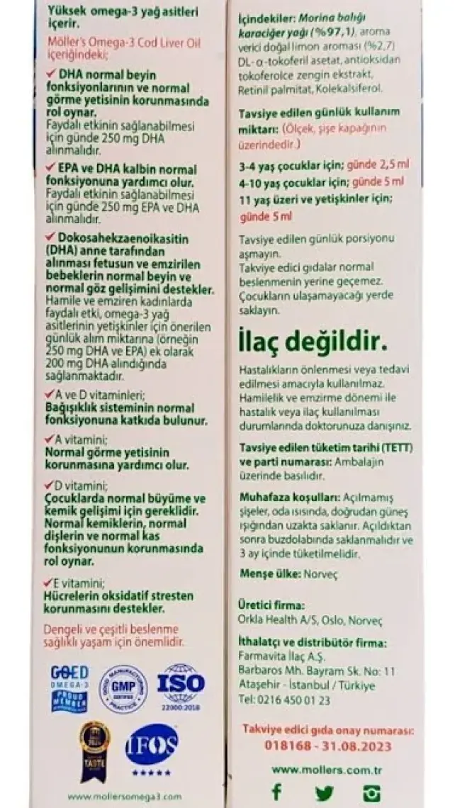 Möller's Limon Aromalı Omega-3 Balık Yağı 250 ml