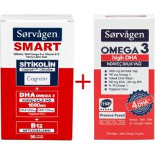 Sorvagen Smart Sitikolin, Dha Omega 3, B12 (30 Kapsül) + Sorvagen Omega 3 Hıgh Dha Norveç Balık Yağı