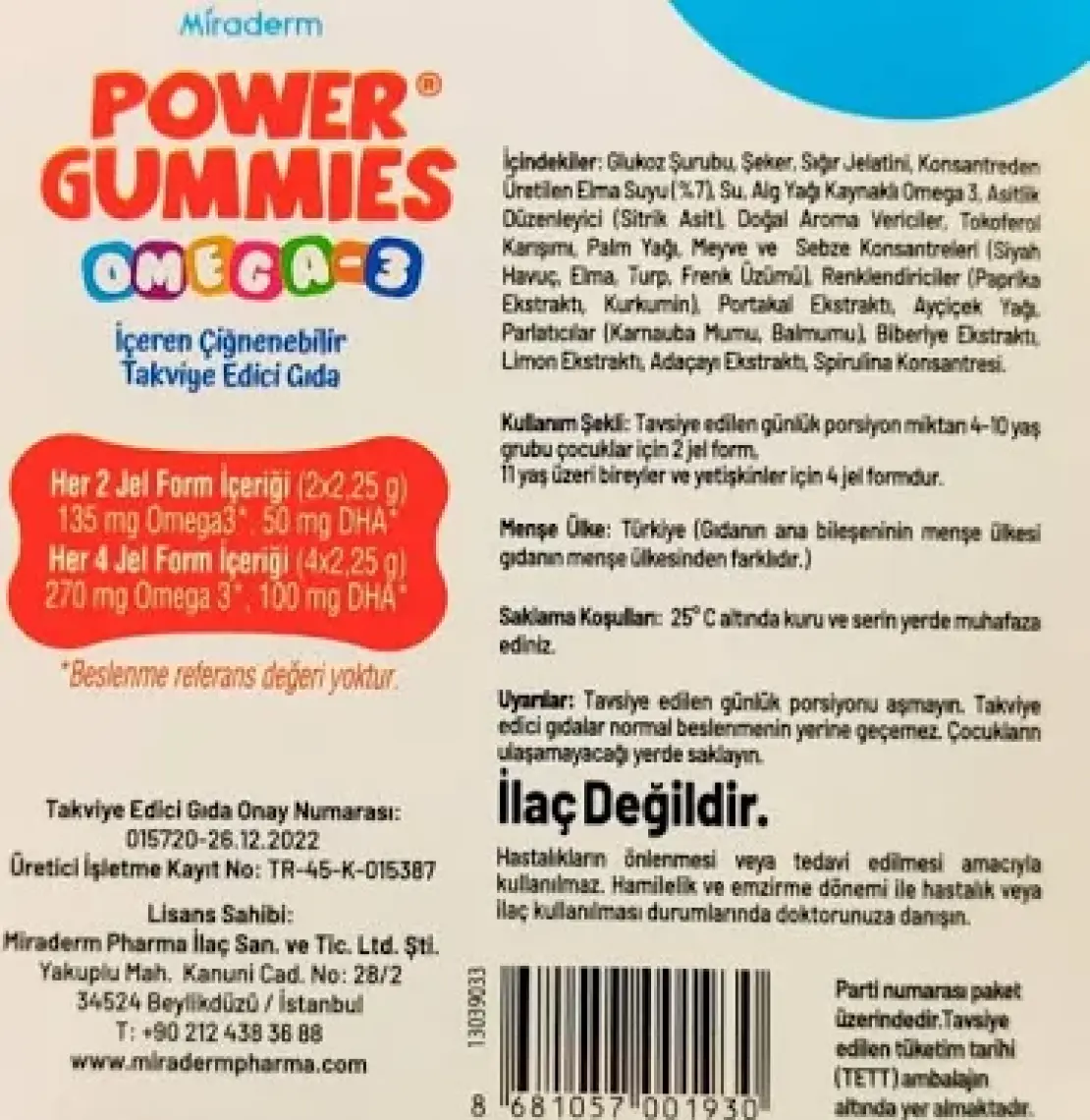 Miraderm Power Gummies Omega 3 8 Adet