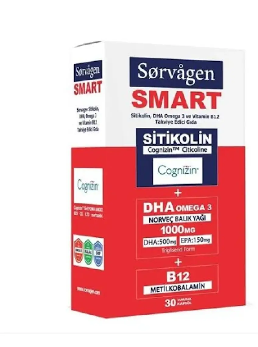 Sorvagen Smart Sitikolin, Dha Omega 3 Ve B12 (30 Kapsül) Norveç Balık Yağı