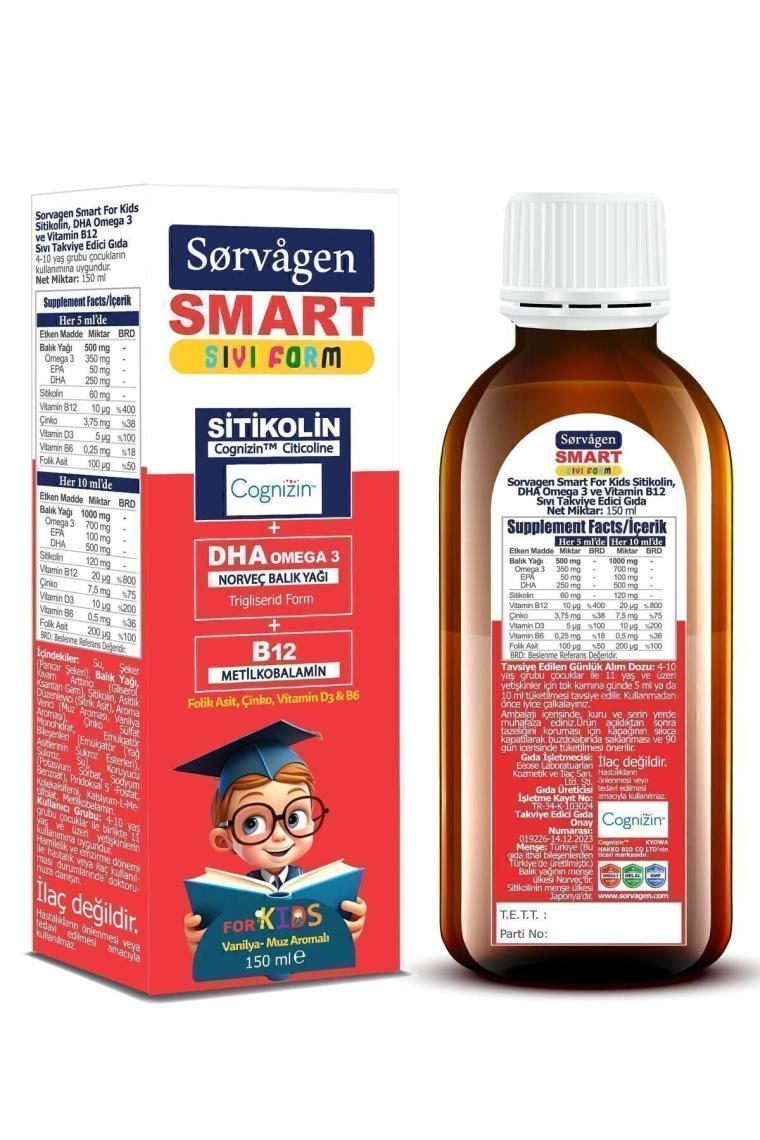Sorvagen Smart Kids Sıvı Form - Sitikolin Dha Omega 3 Norveç Balık Yağı ve B12 - 150 ml