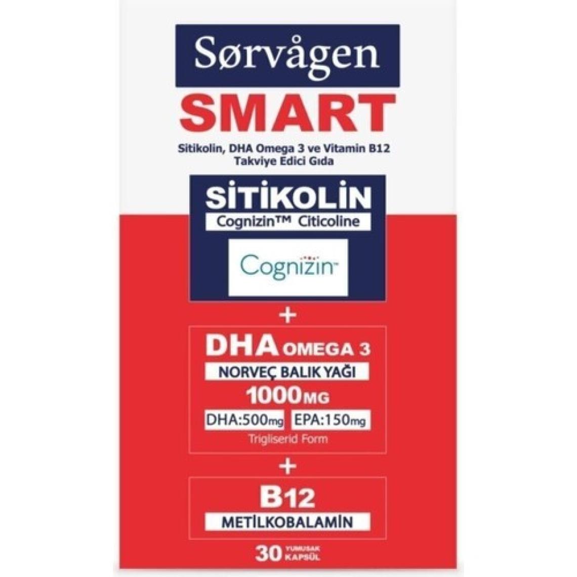 Sorvagen Smart 30 Kapsül ( Sitikolin Dha Omega 3 ve B12 Içeren Takviye Edici Gıda ) x 4 Adet