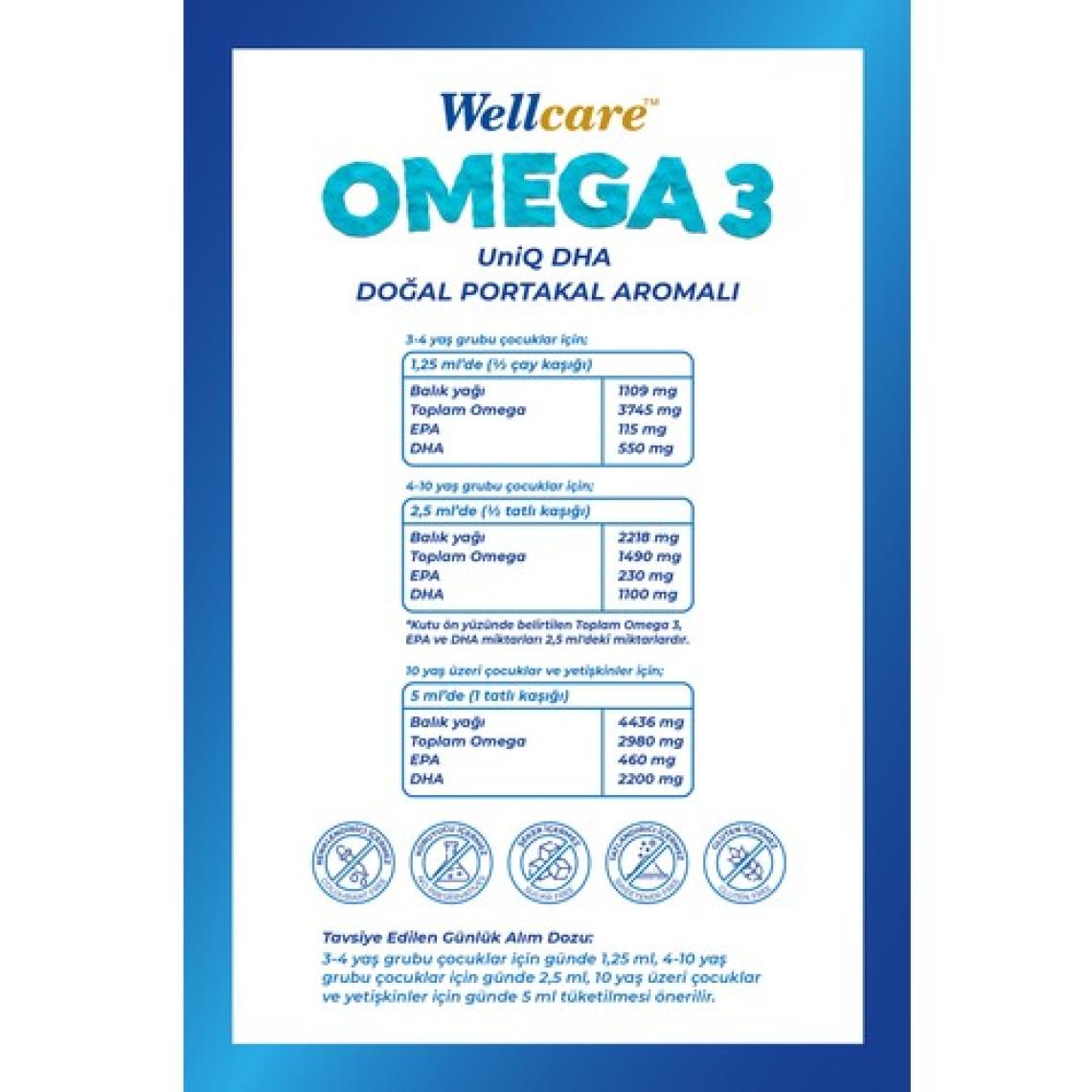Wellcare UniQ DHA Omega 3 Doğal Portakal Aromalı Balık Yağı - 150 ML
