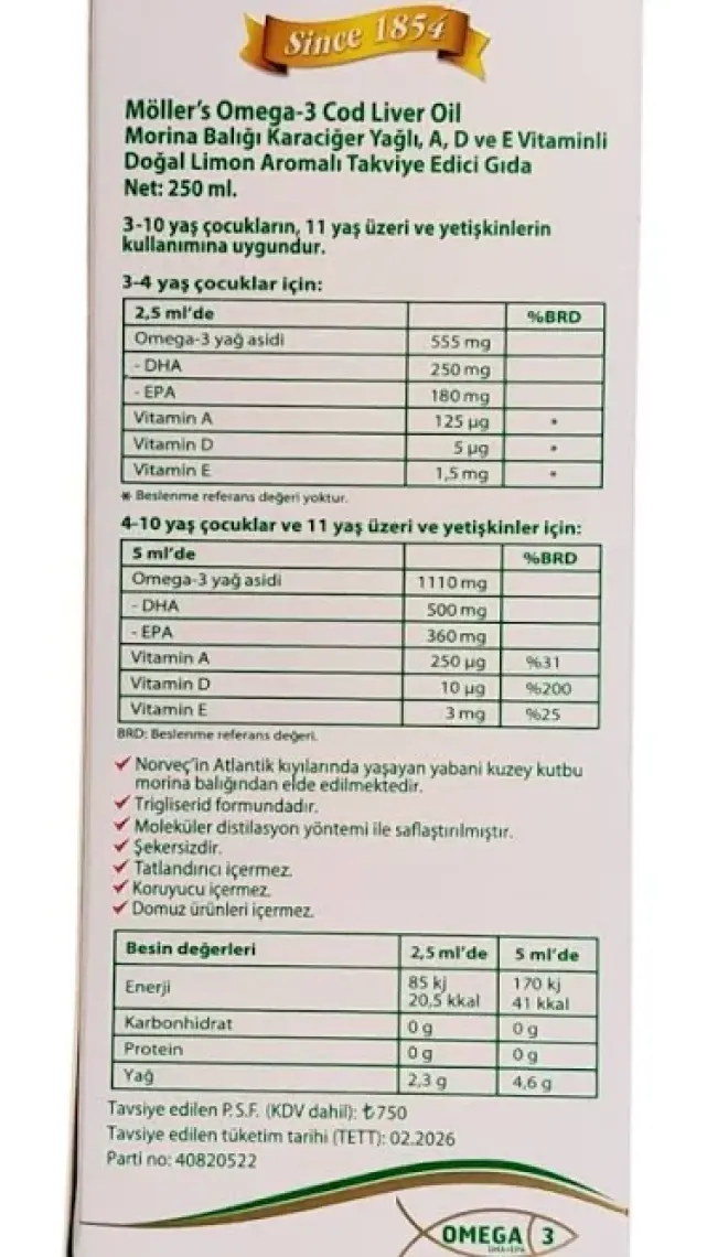 Möller's Limon Aromalı Omega-3 Balık Yağı 250 ml