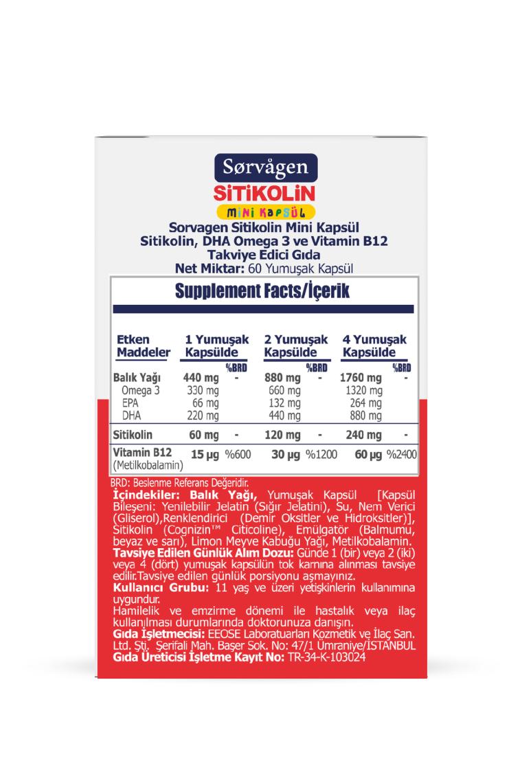 Sorvagen Smart Mini Kapsül Sitikolin, Dha Omega 3 ve B12 - 60 Kapsül