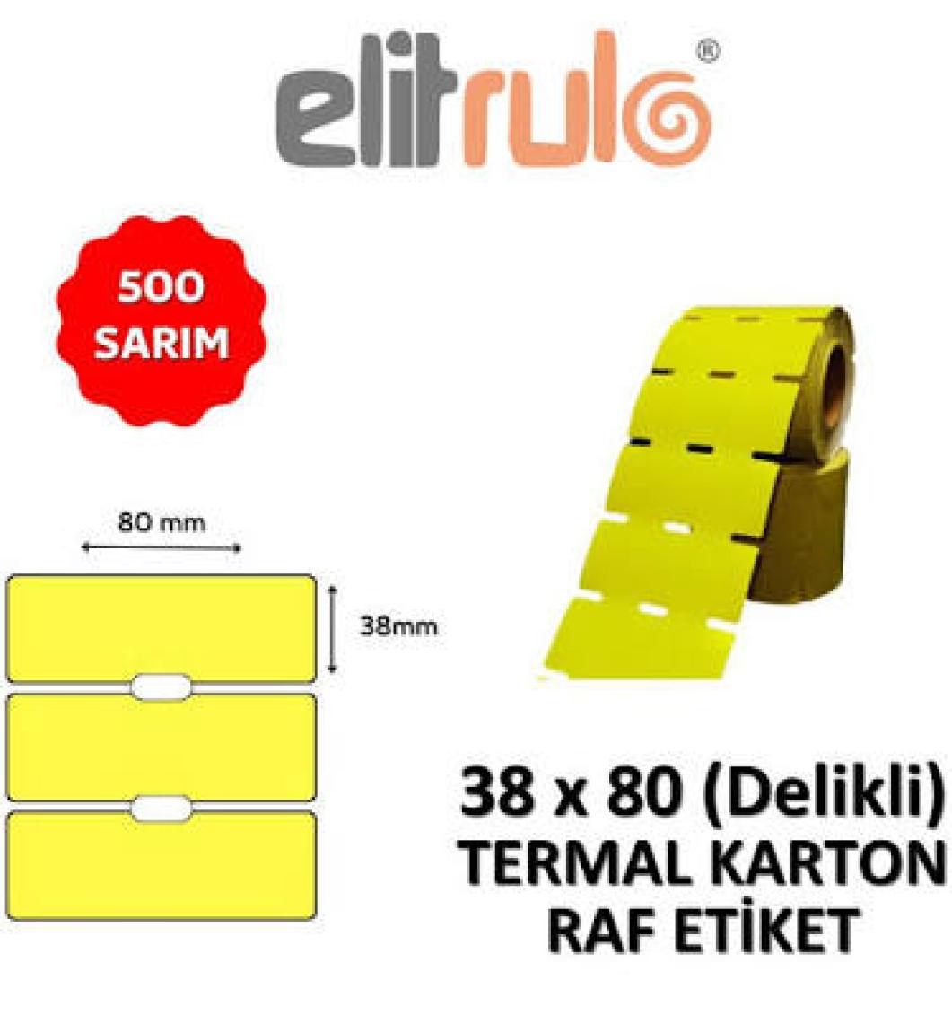 Elit Rulo Termal Karton Raf Etiketi 38MM x 80MM 500 Sarım Delikli - Sarı
