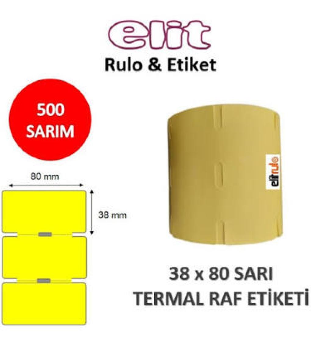 Elit Rulo Termal Karton Raf Etiketi 38MM x 80MM 500 Sarım Delikli - Sarı