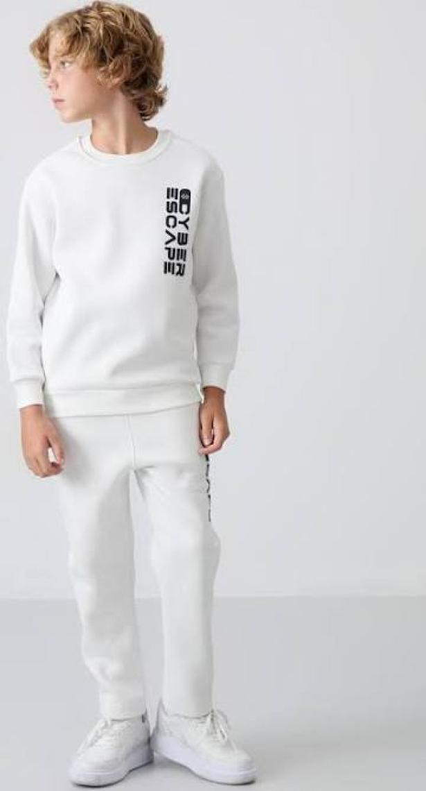 Tommy Life Ekru Pamuklu Kalın İçi Tüylü Yumuşak Dokulu Standart Fit Baskılı Erkek Çocuk Eşofman Takım - 11233