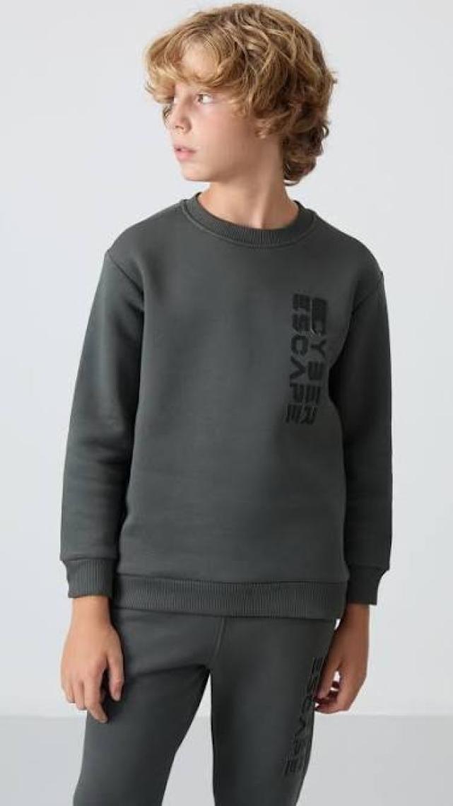 Tommy Life Ekru Pamuklu Kalın İçi Tüylü Yumuşak Dokulu Standart Fit Baskılı Erkek Çocuk Eşofman Takım - 11233