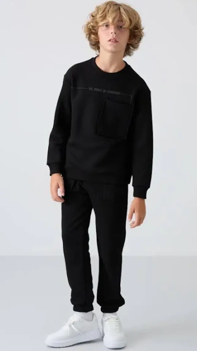 Tommy Life Siyah Pamuklu Kalın İçi Tüylü Yumuşak Dokulu Standart Fit Baskılı Erkek Çocuk Eşofman Takım - 11257