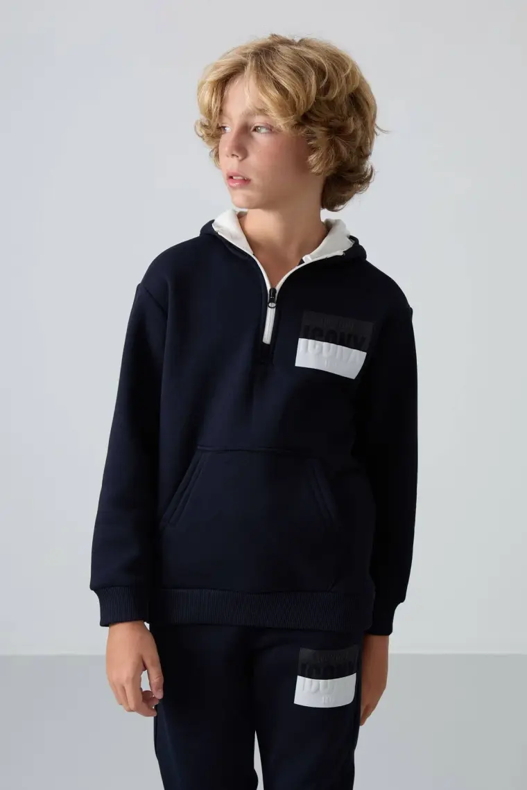 Tommy Life Lacivert Pamuklu Kalın İçi Tüylü Yumuşak Dokulu Standart Fit Baskılı Erkek Çocuk Eşofman Takım - 11246