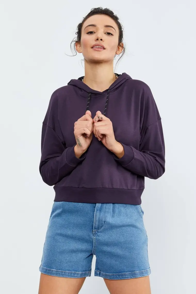 Tommy Life Tommy Life  Bordo Kadın Uzun Kol Rahat Form Kapüşonlu Kadın Sweatshirt-97115