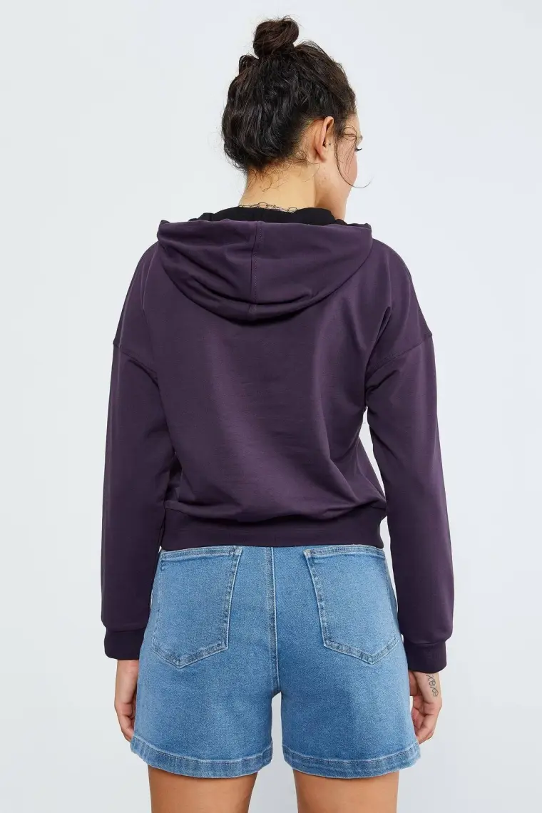Tommy Life Tommy Life  Bordo Kadın Uzun Kol Rahat Form Kapüşonlu Kadın Sweatshirt-97115