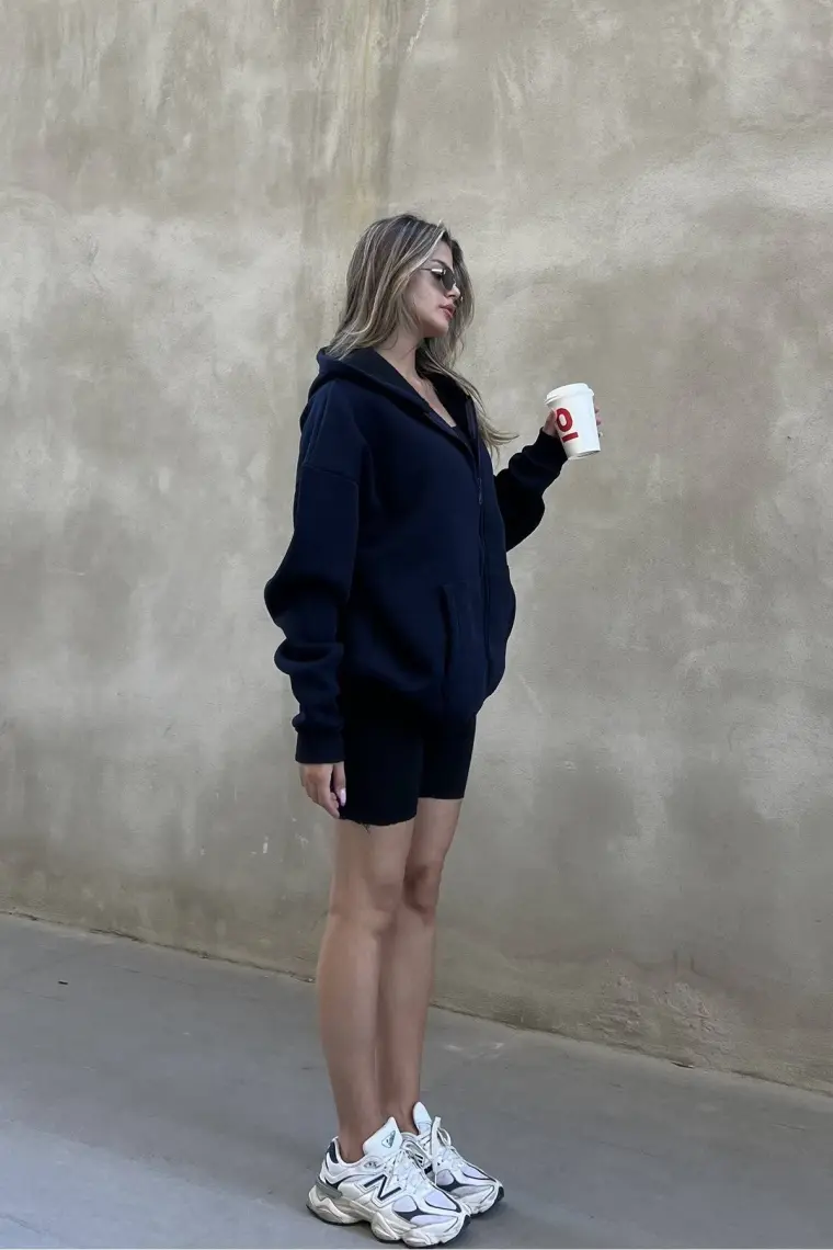 la & vetta Koyu Lacivert Kapüşonlu Oversize Fermuarlı Şardonlu Sweatshirt