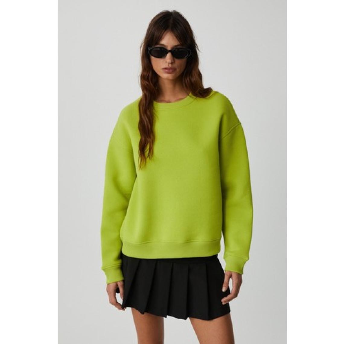 Grimelange Vaneltına Kadın Içi Polarlı 3 Iplik Organik Pamuk Oversize Basic Bisiklet Yaka Fıstık Yeşili Sweatshirt