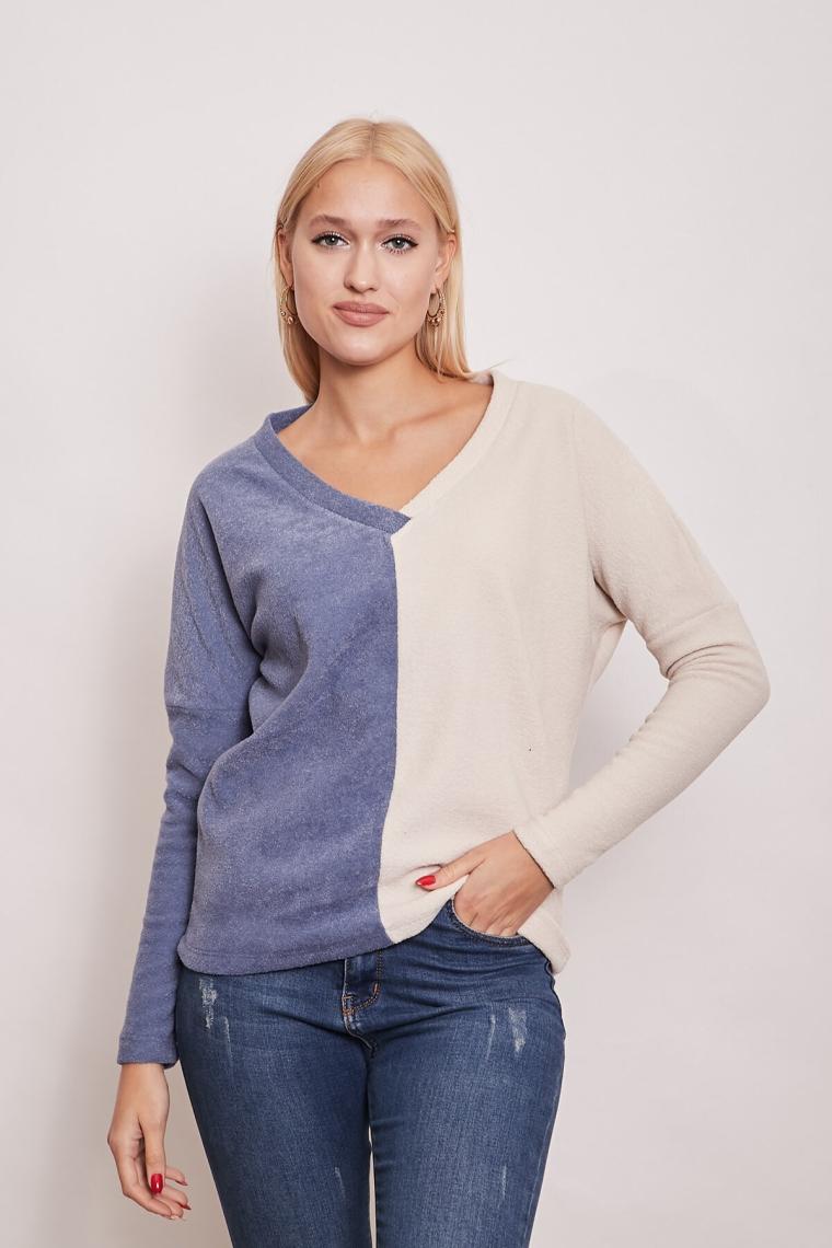 Polar Havlu V Yaka Çift Renkli Uzun Kol Sweat-İndigo Krem