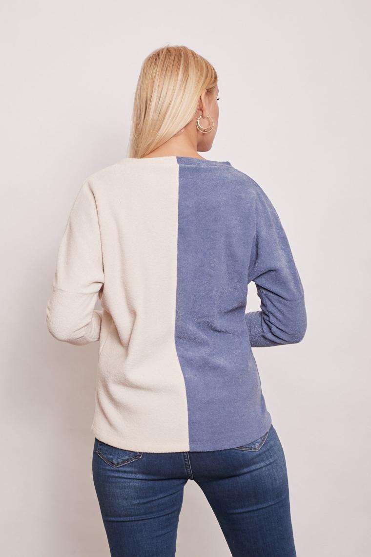 Polar Havlu V Yaka Çift Renkli Uzun Kol Sweat-İndigo Krem