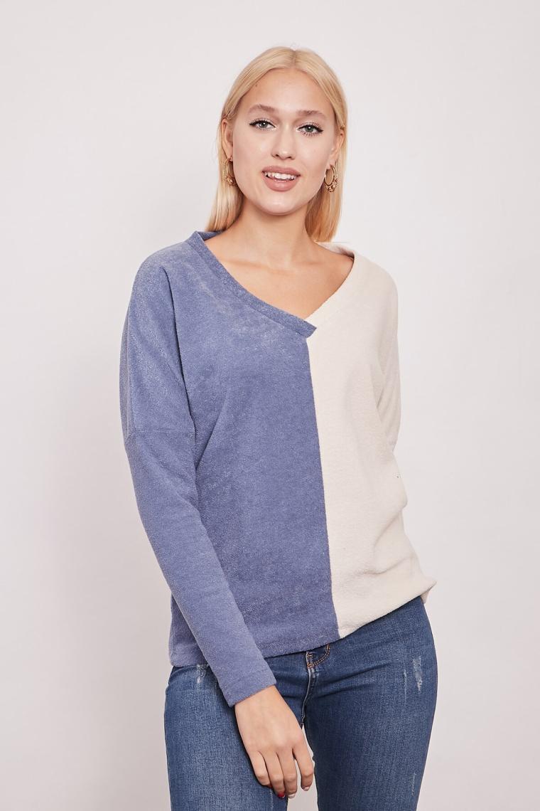 Polar Havlu V Yaka Çift Renkli Uzun Kol Sweat-İndigo Krem