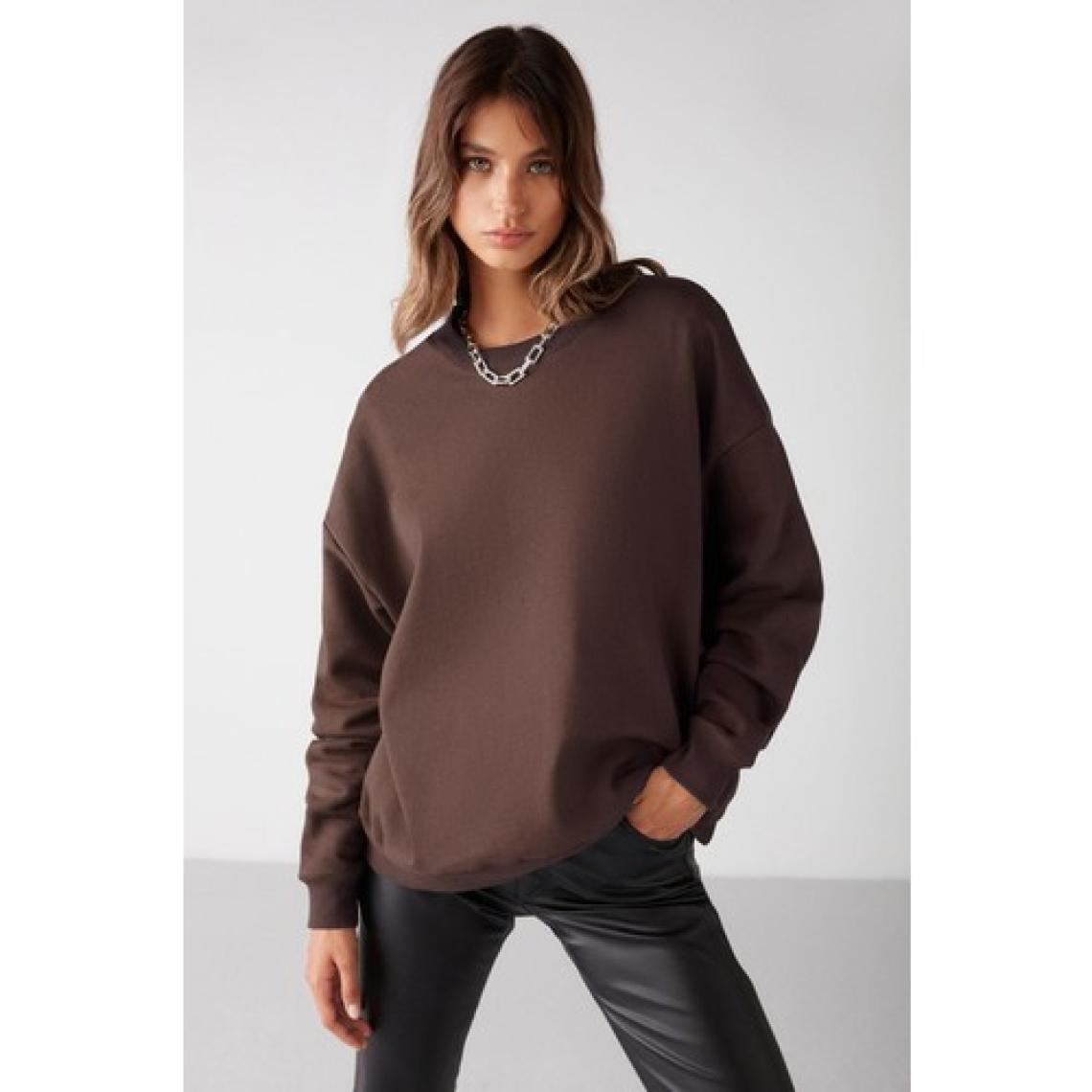 Grimelange Vaneltına Kadın Organik Pamuklu Yumuşacık Içi Polarlı Yuvarlak Yakalı Kahverengi Sweatshirt