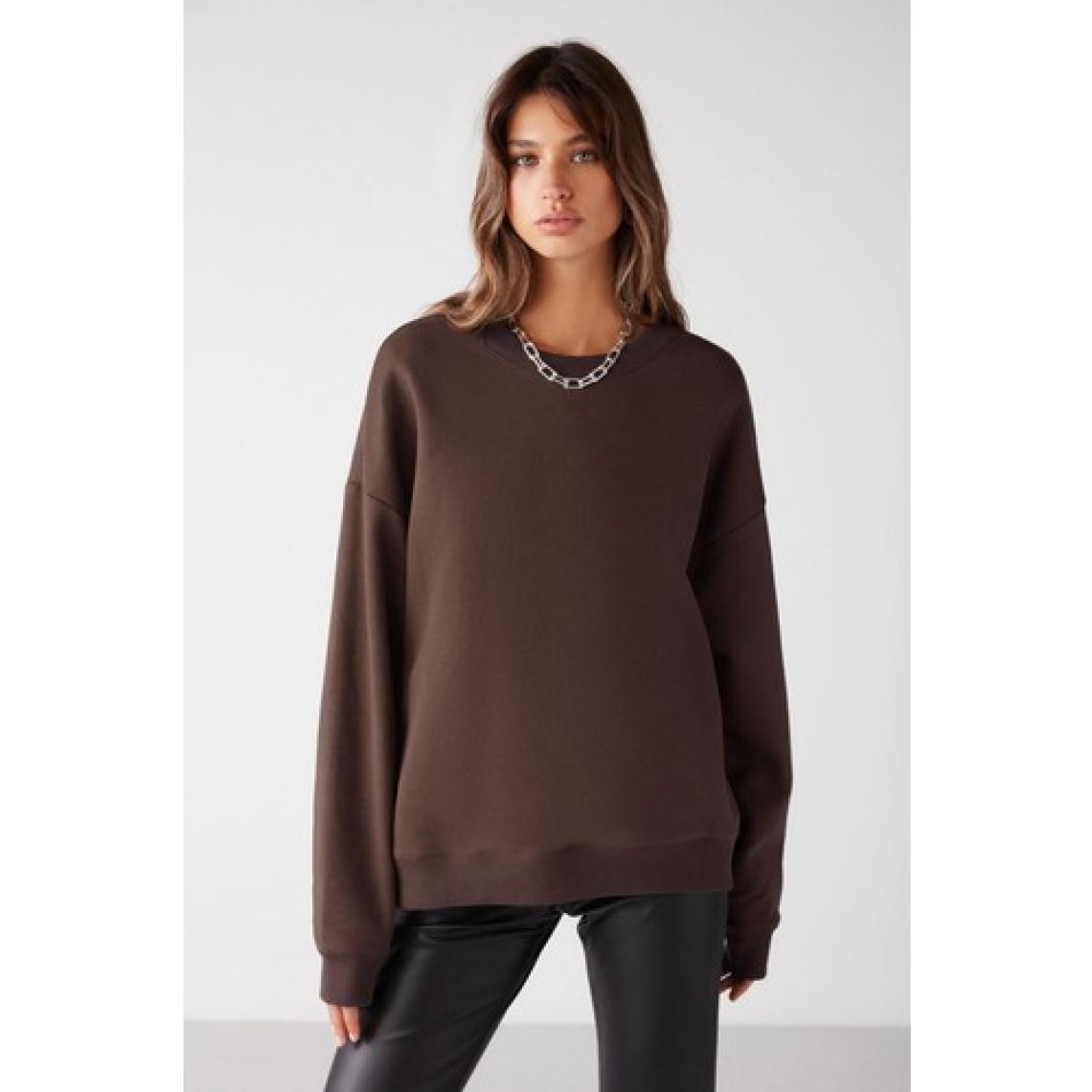 Grimelange Vaneltına Kadın Organik Pamuklu Yumuşacık Içi Polarlı Yuvarlak Yakalı Kahverengi Sweatshirt