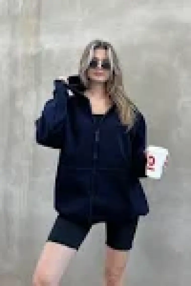 la & vetta Koyu Lacivert Kapüşonlu Oversize Fermuarlı Şardonlu Sweatshirt