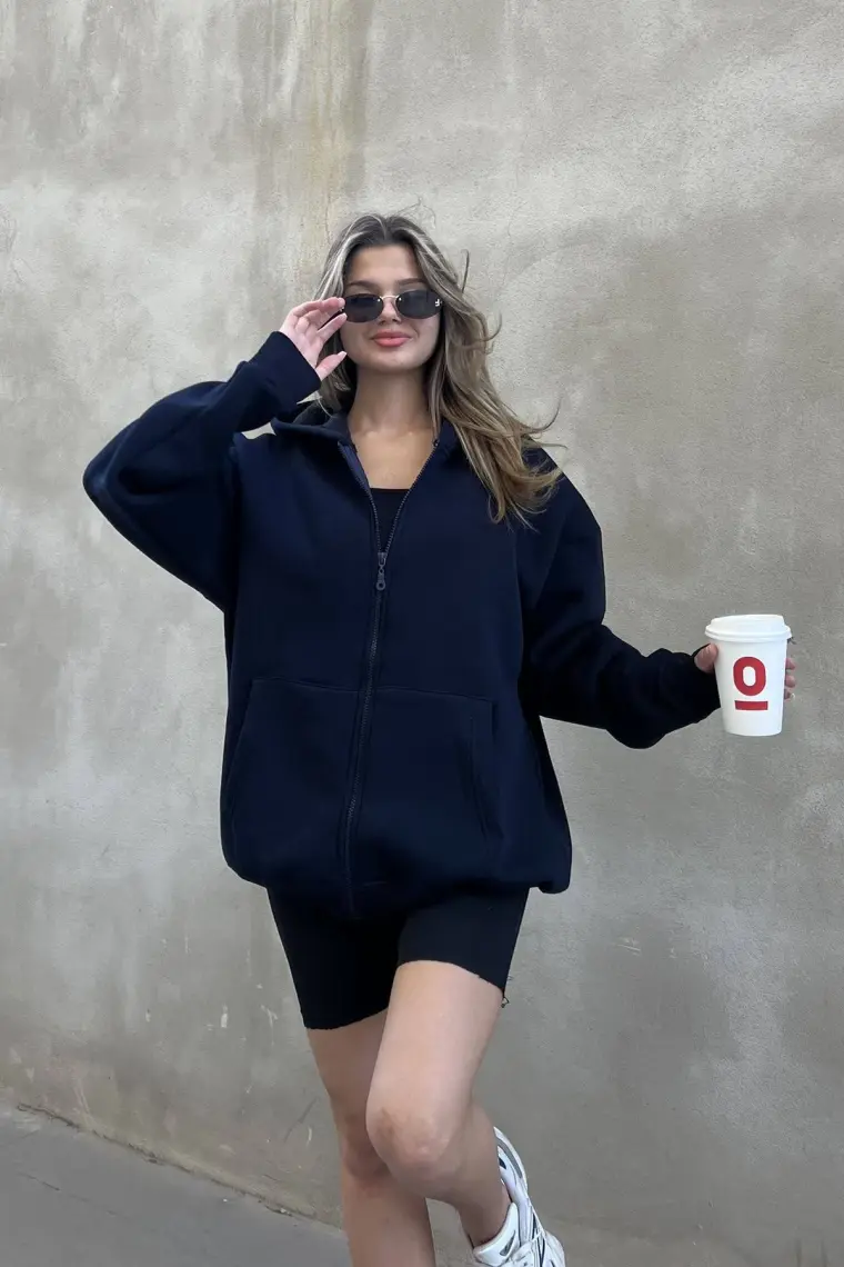 la & vetta Koyu Lacivert Kapüşonlu Oversize Fermuarlı Şardonlu Sweatshirt